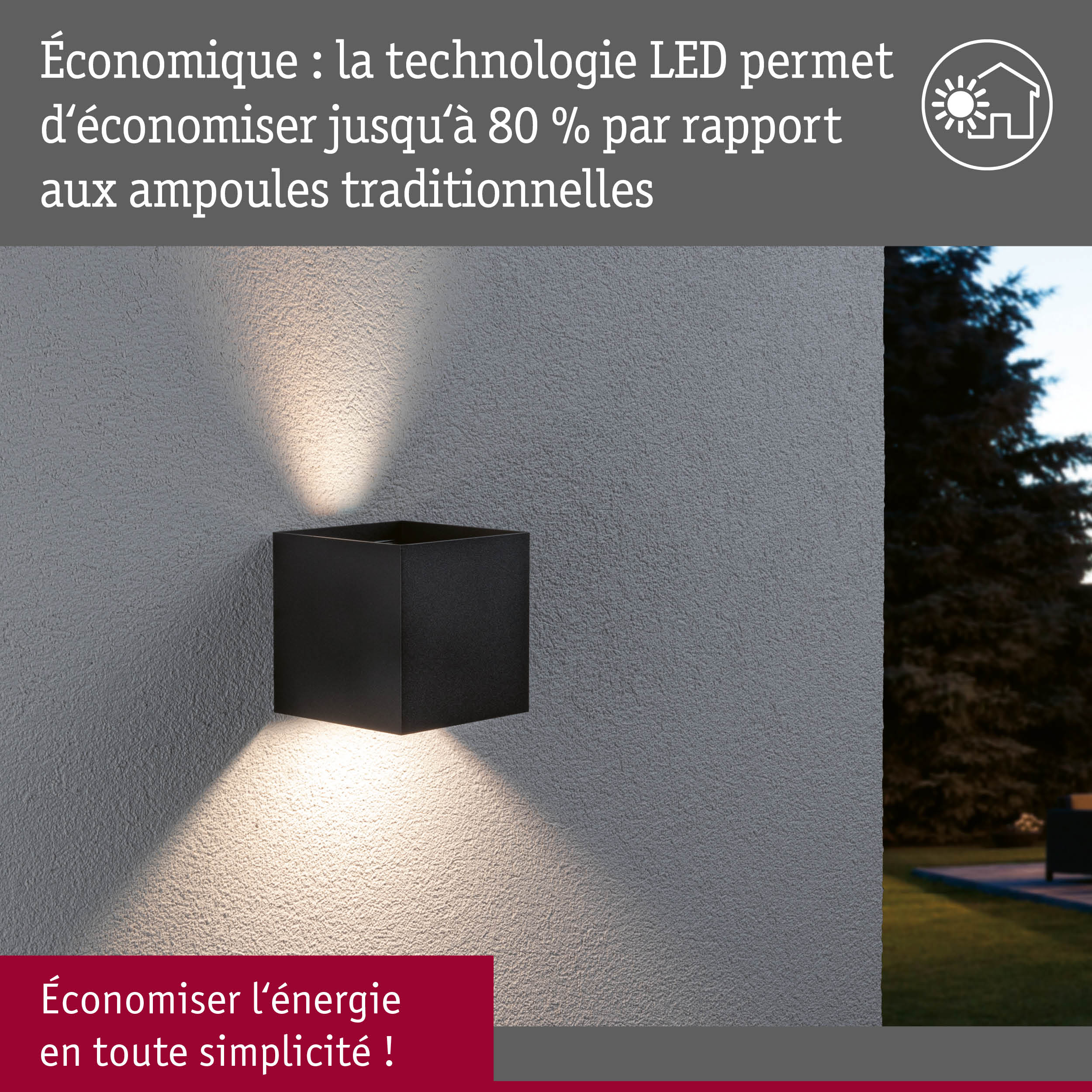 Applique murale LED noire en métal avec éclairage économique sur mur extérieur gris