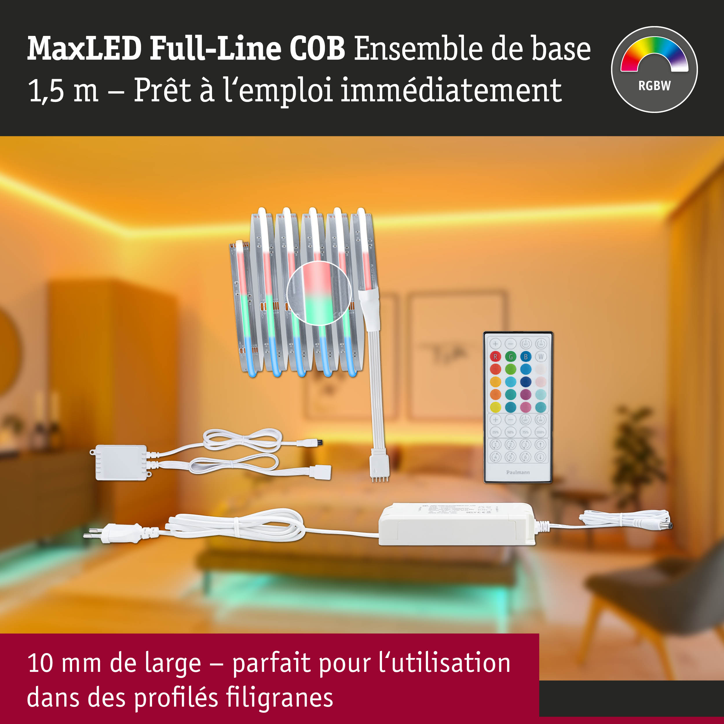 Ensemble MaxLED Full-Line COB bande LED avec télécommande et alimentation pour éclairage RGBW
