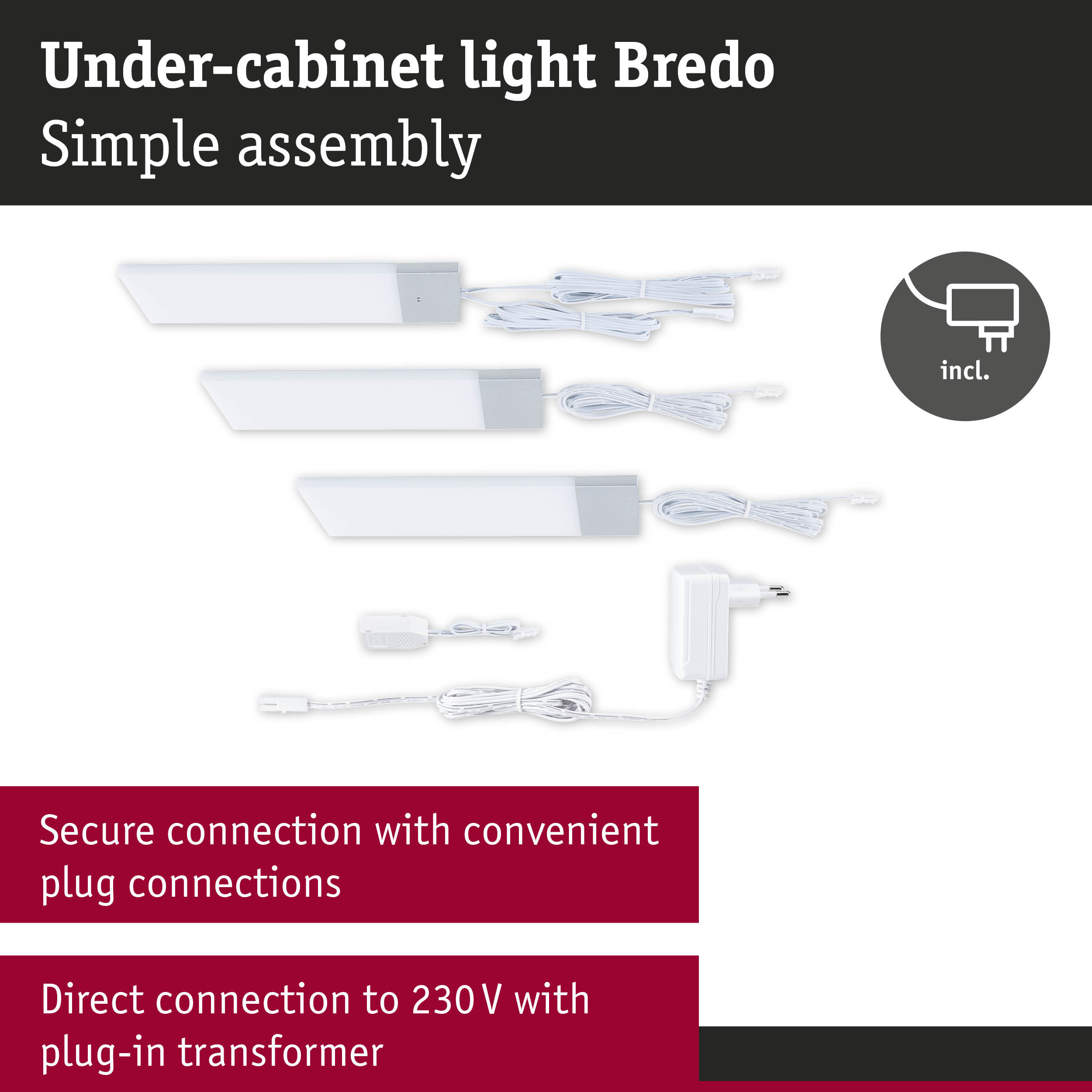 White Bredo under-cabinet light with simple assembly and 230V plug-in transformer for kitchen lighting