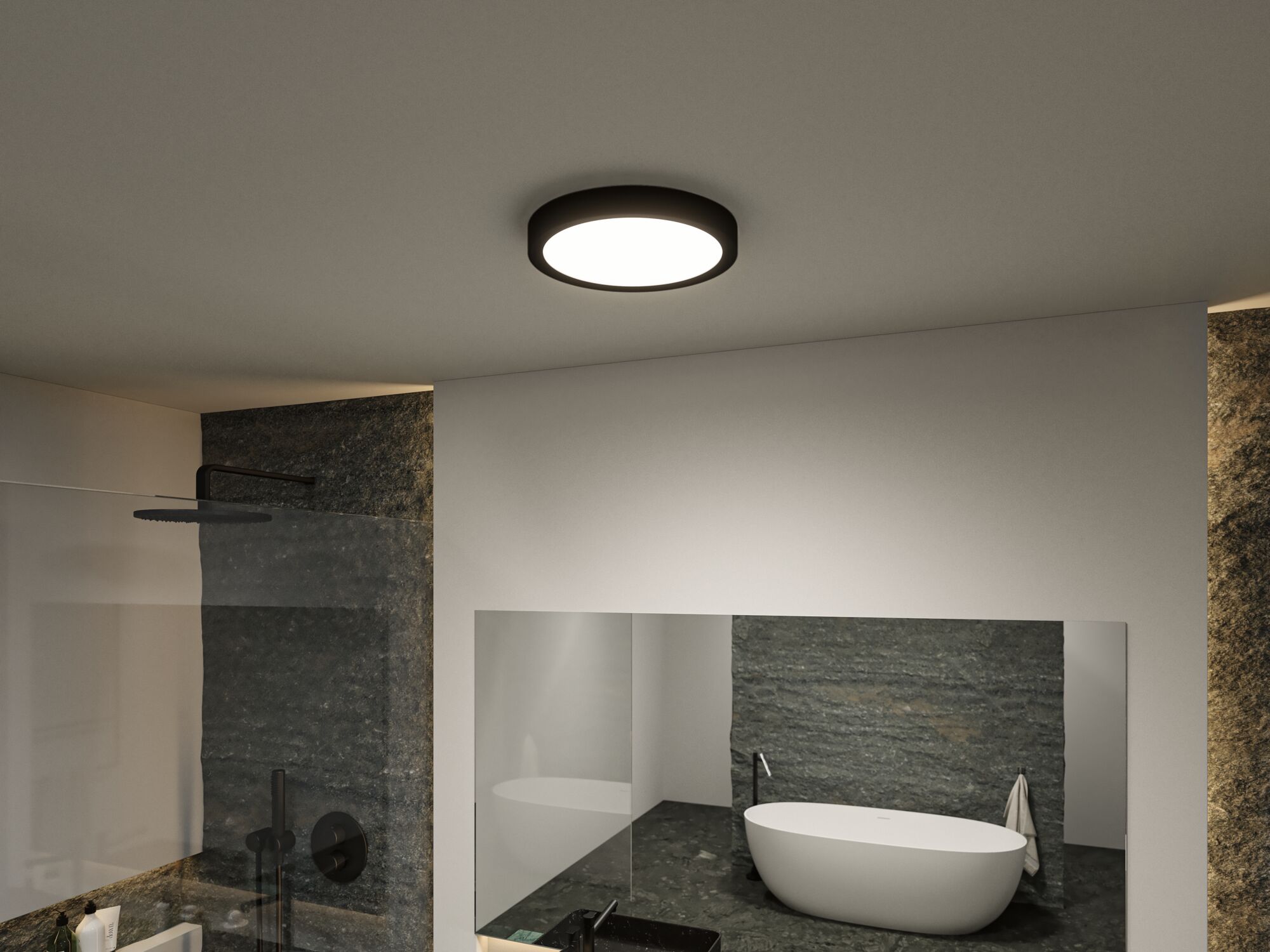 Round ceiling light with black frame in modern bathroom featuring freestanding bathtub.