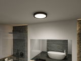 Round ceiling light with black frame in modern bathroom featuring freestanding bathtub.