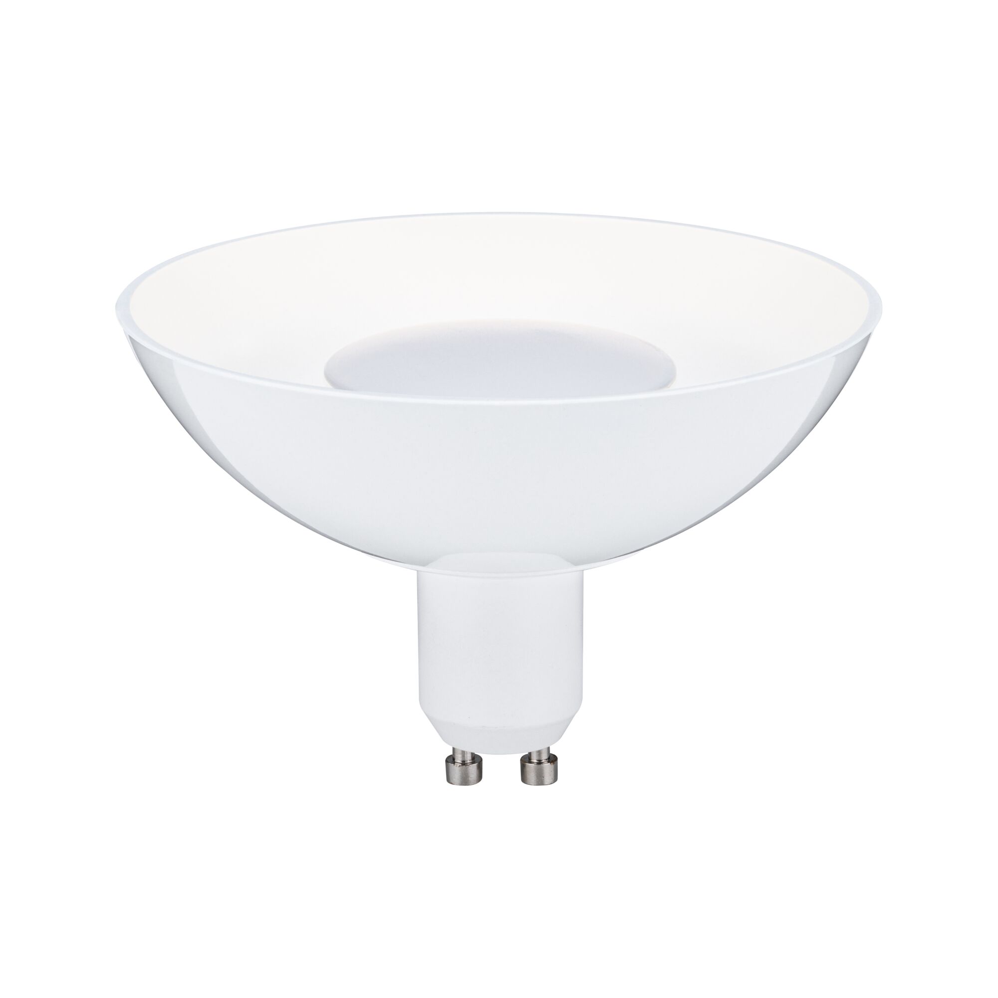 White LED lamp with GU10 base and wide reflector for energy-efficient lighting