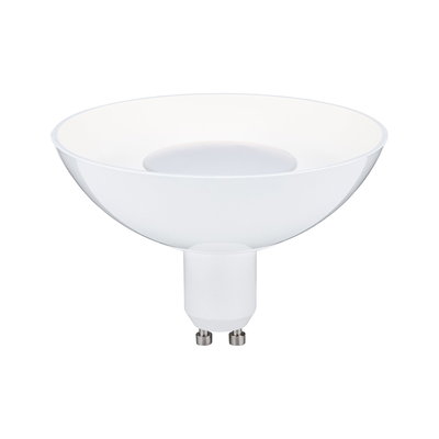 Weiße LED-Lampe mit GU10-Sockel und breitem Reflektor für energiesparende Beleuchtung