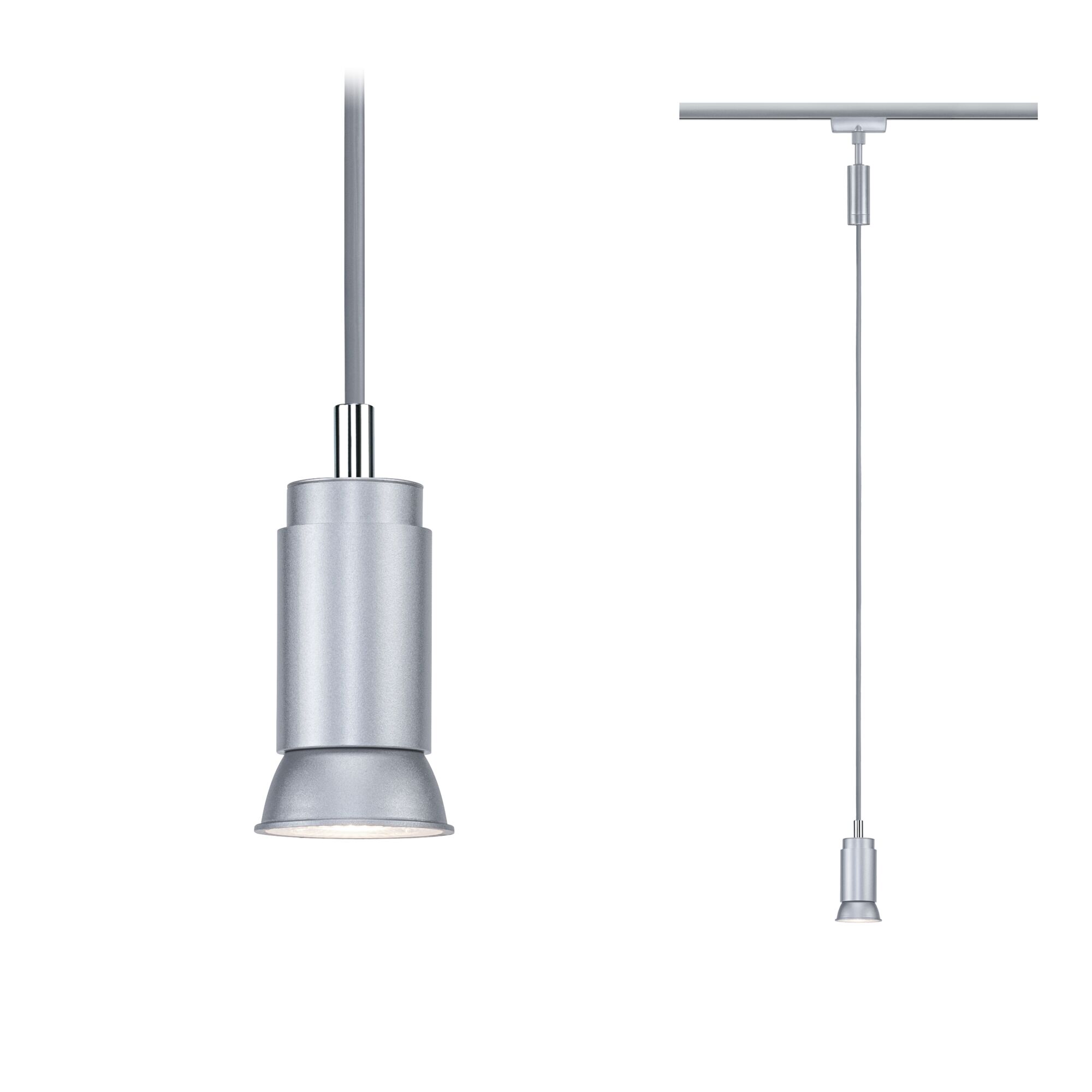 Moderne sølvfarvet LED pendel i metal med slankt design til skinnesystemer