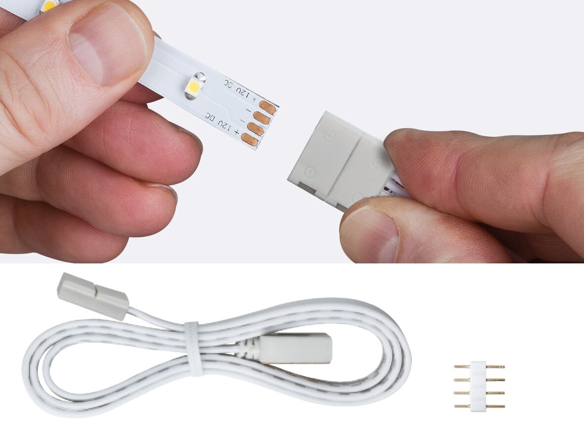 White LED strip connector cable with plug and 4-pin adapter for LED lighting setups.