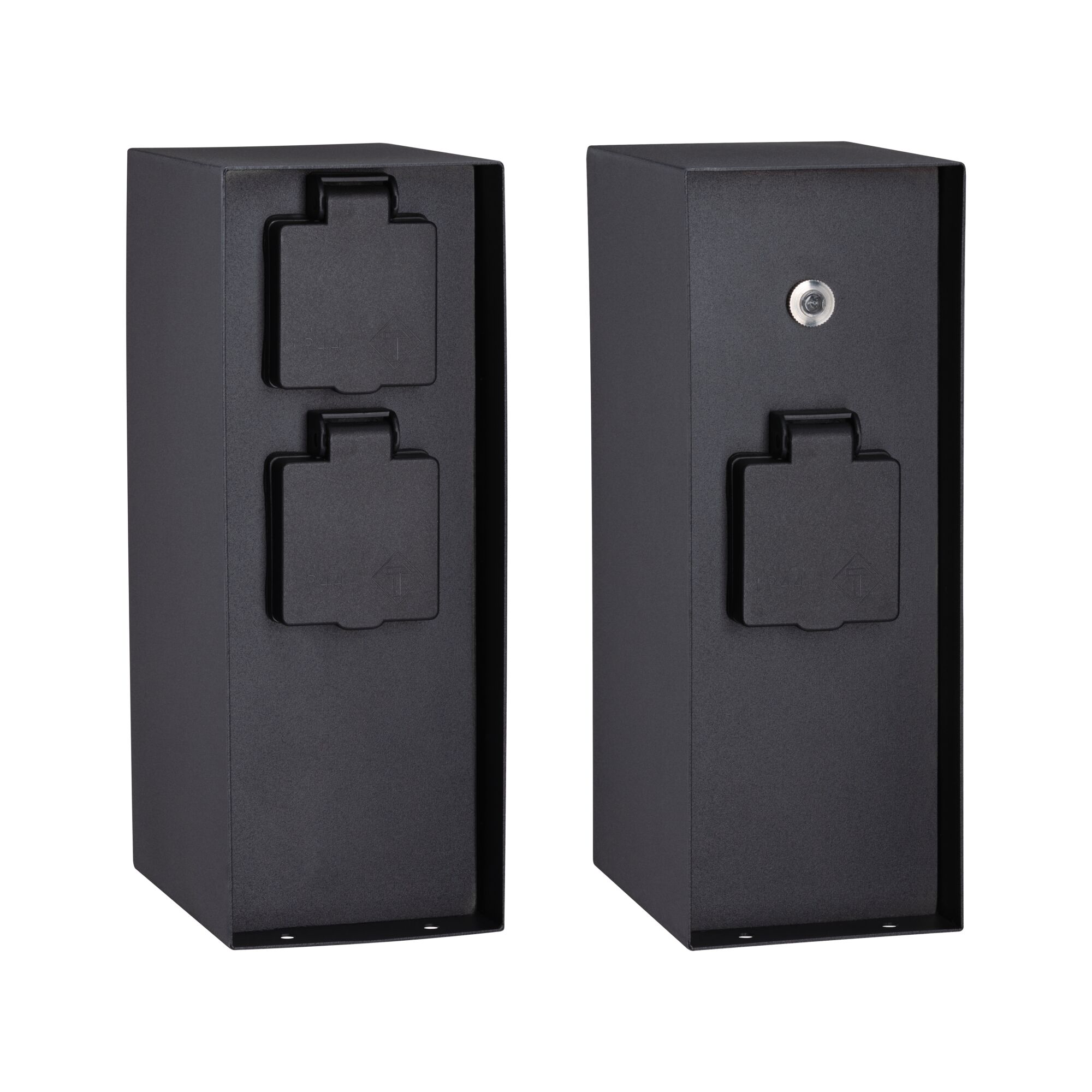 Black metal outdoor socket box with protective covers for safe outdoor power supply