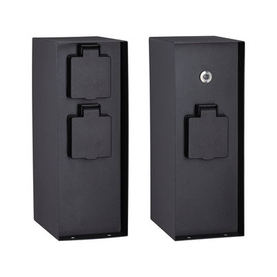Black metal outdoor socket box with protective covers for safe outdoor power supply