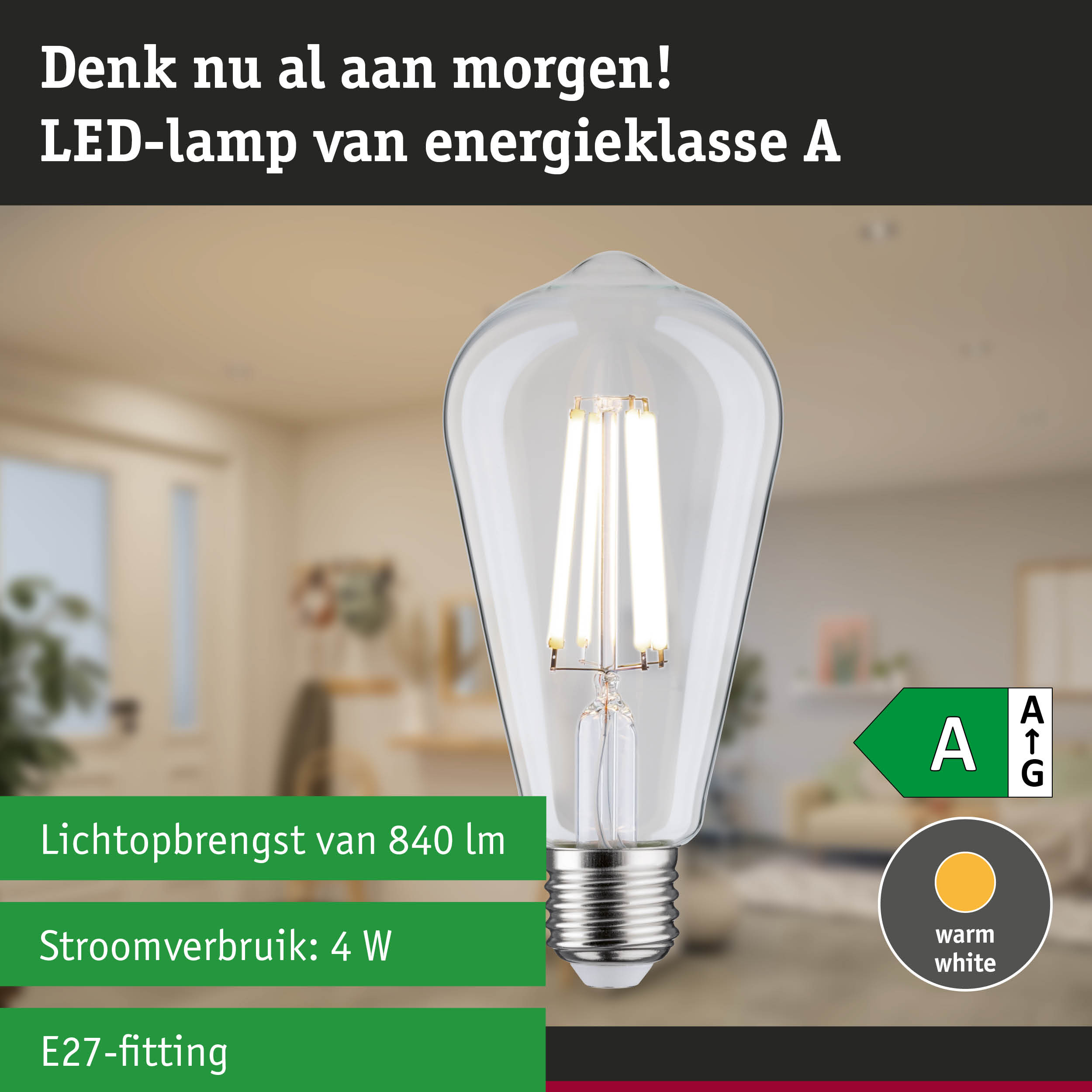 Transparante LED-lamp met warm wit licht en ultra-efficiënt energieverbruik tegen groene bosachtergrond