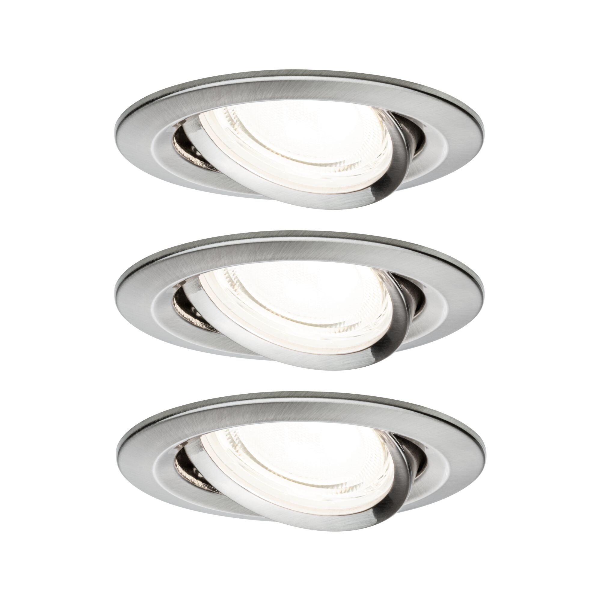 Three round recessed spotlights in brushed stainless steel with adjustable heads for versatile lighting