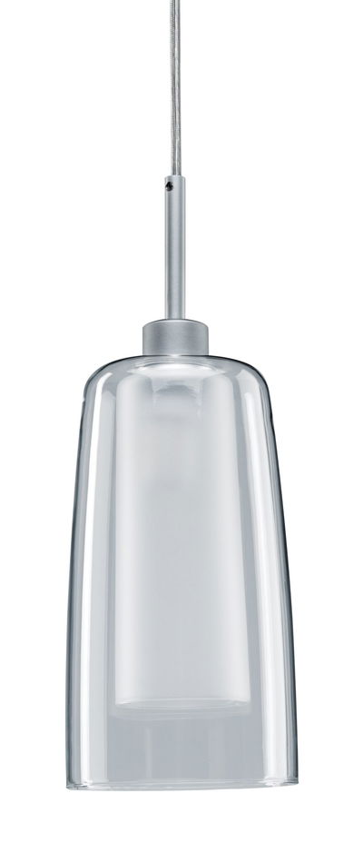 Moderne hanglamp met helder glas en zilveren metalen houder voor stijlvolle binnenverlichting