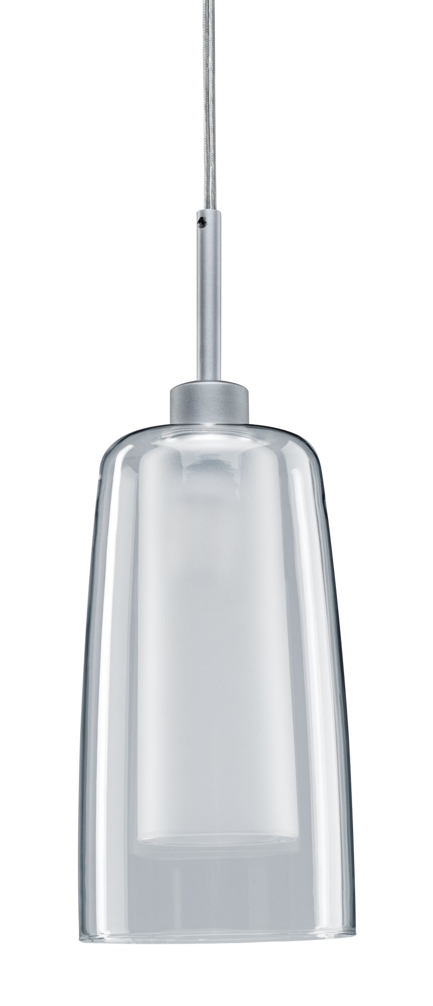 Moderne Pendelleuchte mit klarem Glas und silbernem Metallhalter für stilvolle Innenbeleuchtung