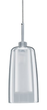 Moderne Pendelleuchte mit klarem Glas und silbernem Metallhalter für stilvolle Innenbeleuchtung