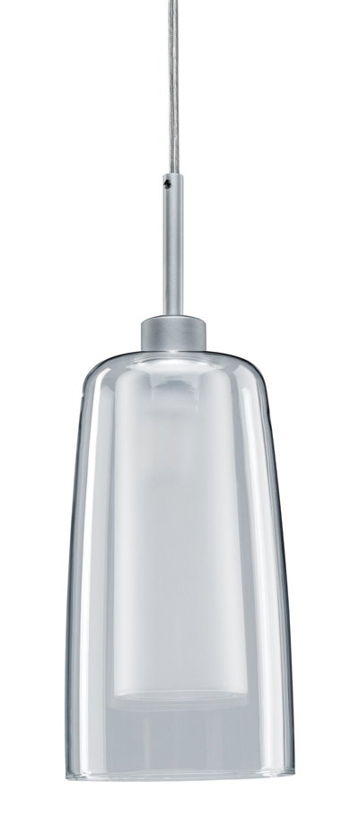 Moderne Pendelleuchte mit klarem Glas und silbernem Metallhalter für stilvolle Innenbeleuchtung