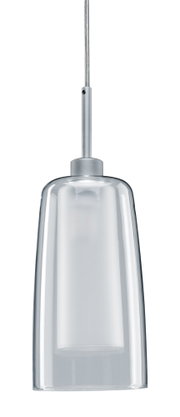 Moderne Pendelleuchte mit klarem Glas und silbernem Metallhalter für stilvolle Innenbeleuchtung