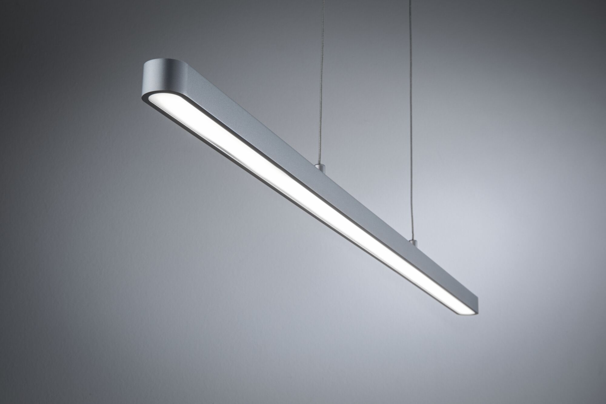 Modern silver aluminum LED pendant light with even illumination for office and living spaces