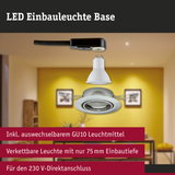 Weiße LED Einbauleuchte Base mit GU10 Leuchtmittel und schwarzem Anschlusskabel für 230 V Direktanschluss