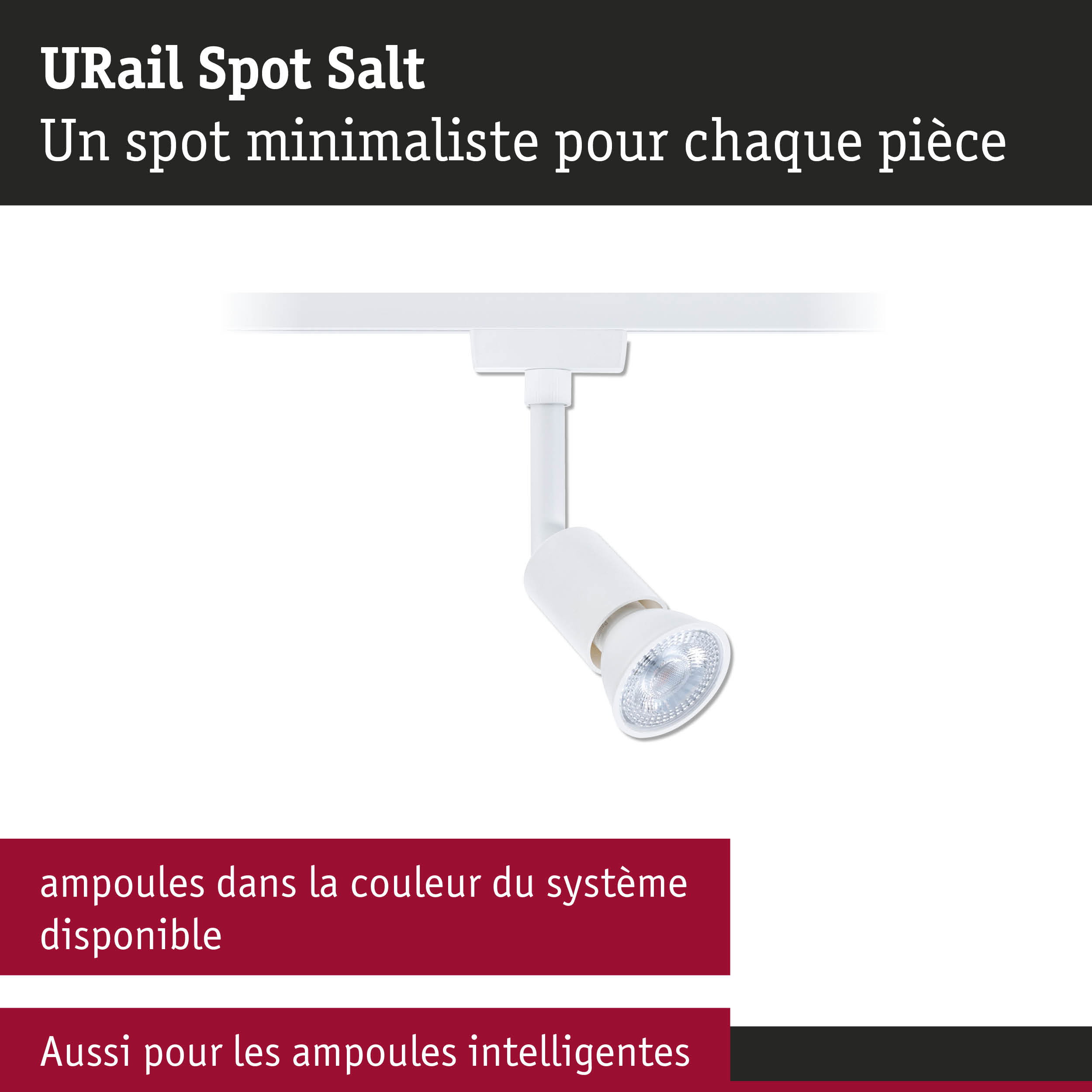 Spot LED URail Spot Salt blanc au design minimaliste pour un éclairage polyvalent des pièces