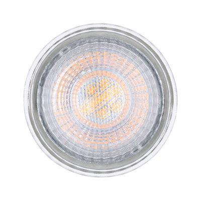 Round LED light with clear glass and warm white glow for energy-efficient lighting solutions