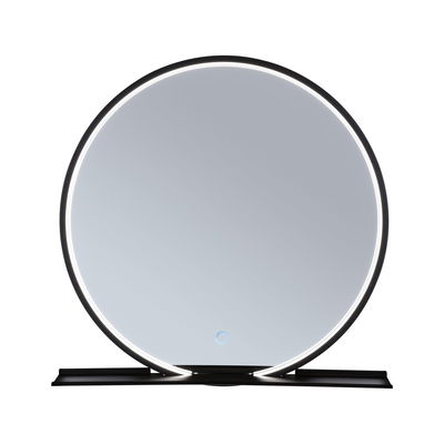 Ronde LED-spiegel met zwarte rand en touchschakelaar, moderne badkamerverlichting.