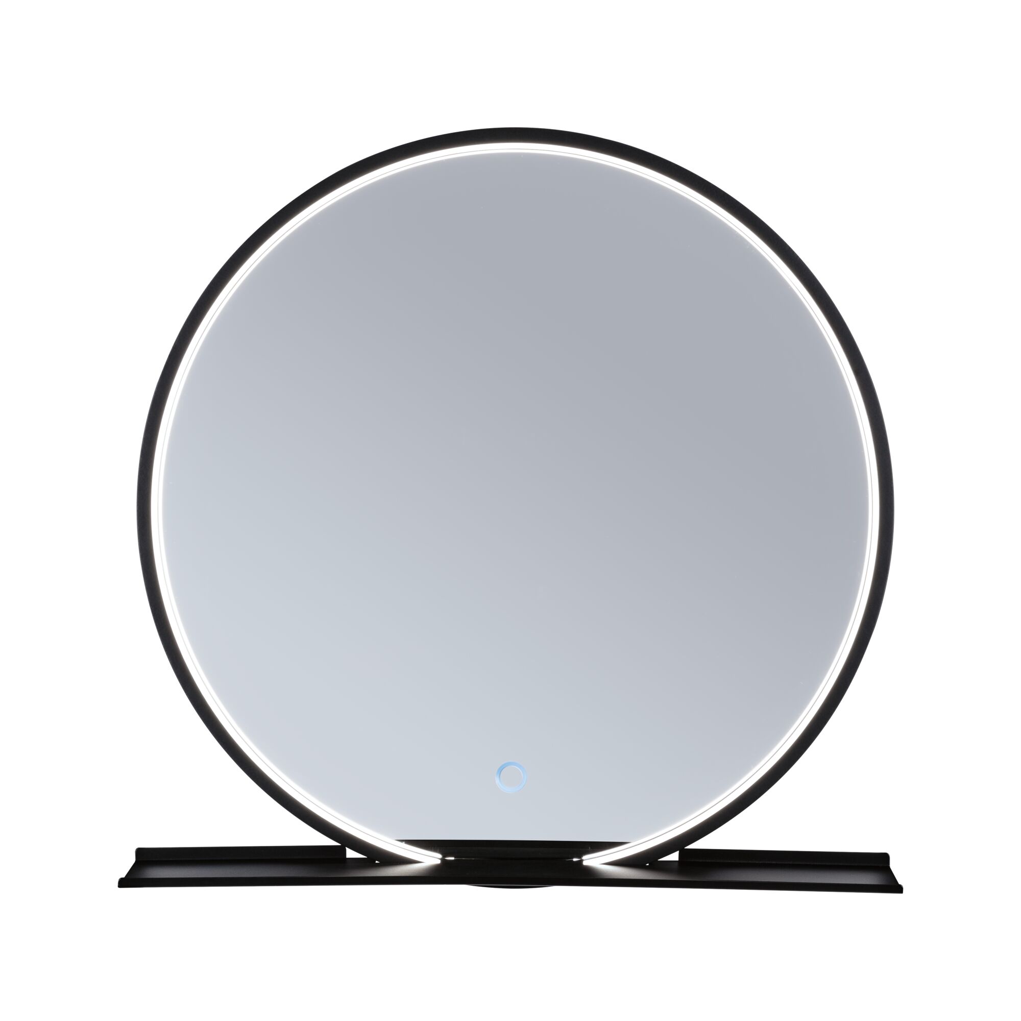 Miroir rond LED avec cadre noir et interrupteur tactile, éclairage moderne pour salle de bain.