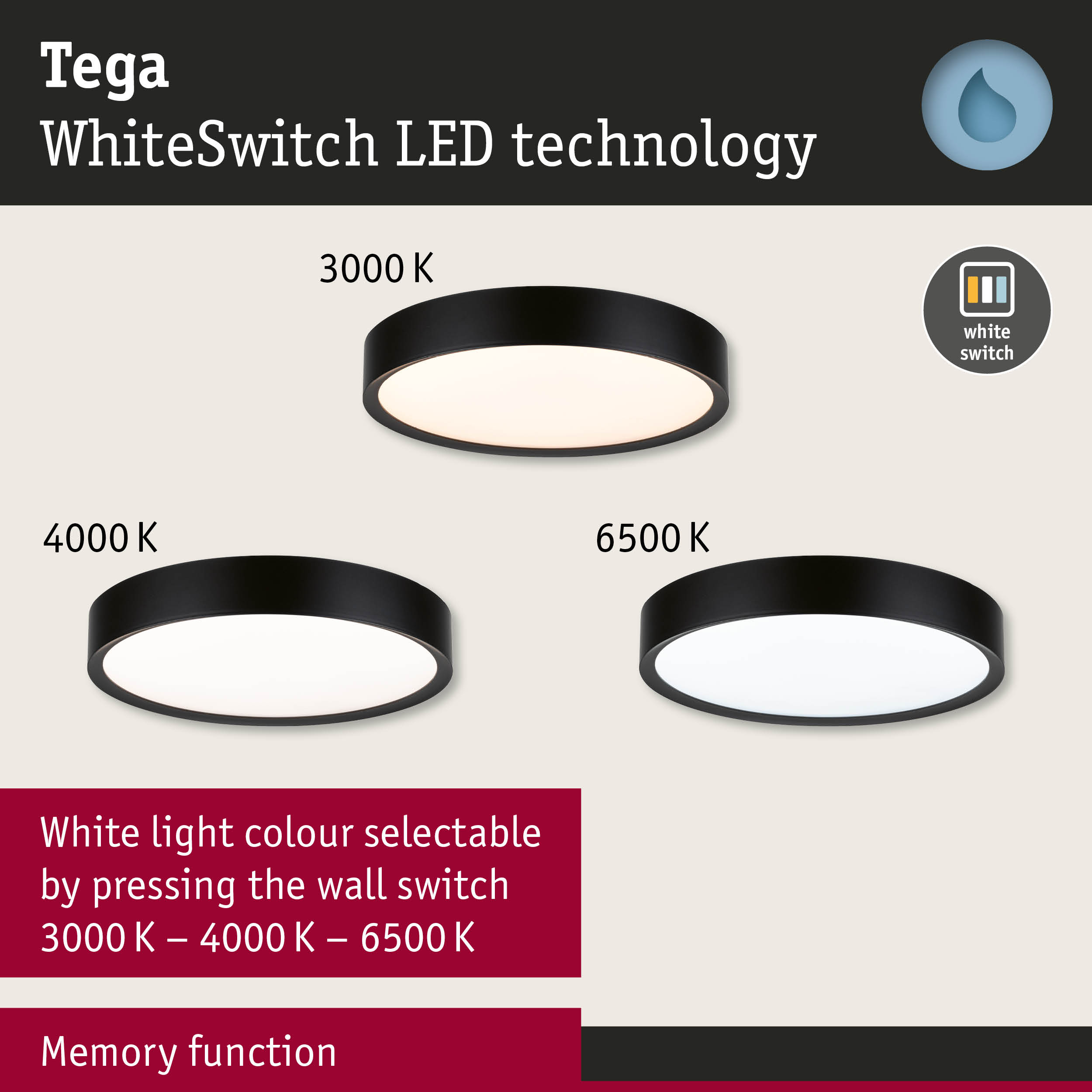 Round black Tega LED ceiling light with WhiteSwitch technology and selectable white light colour 3000K-6500K