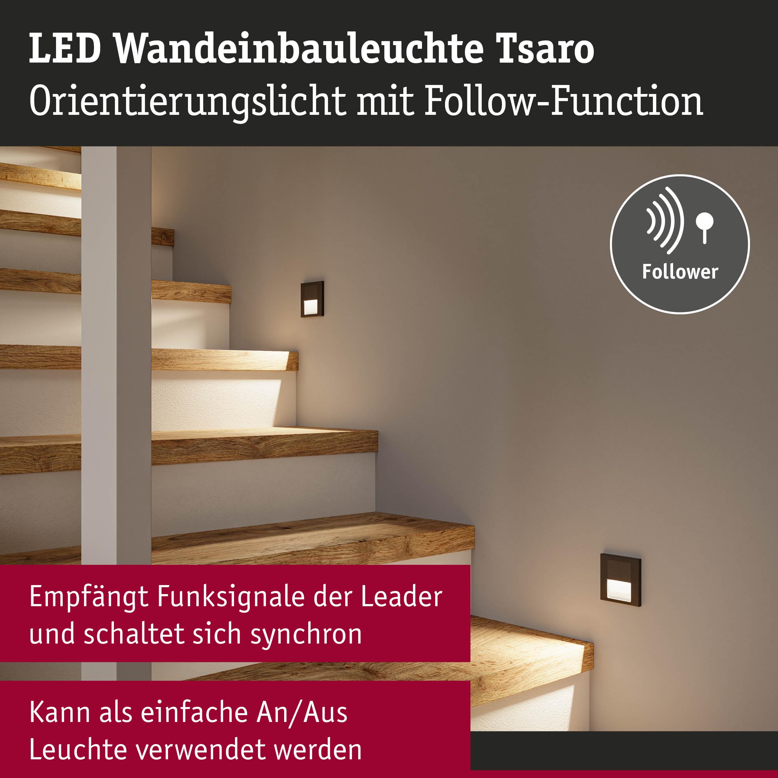 LED Wandeinbauleuchte Tsaro in Schwarz mit Follow-Funktion als Orientierungslicht an Treppe