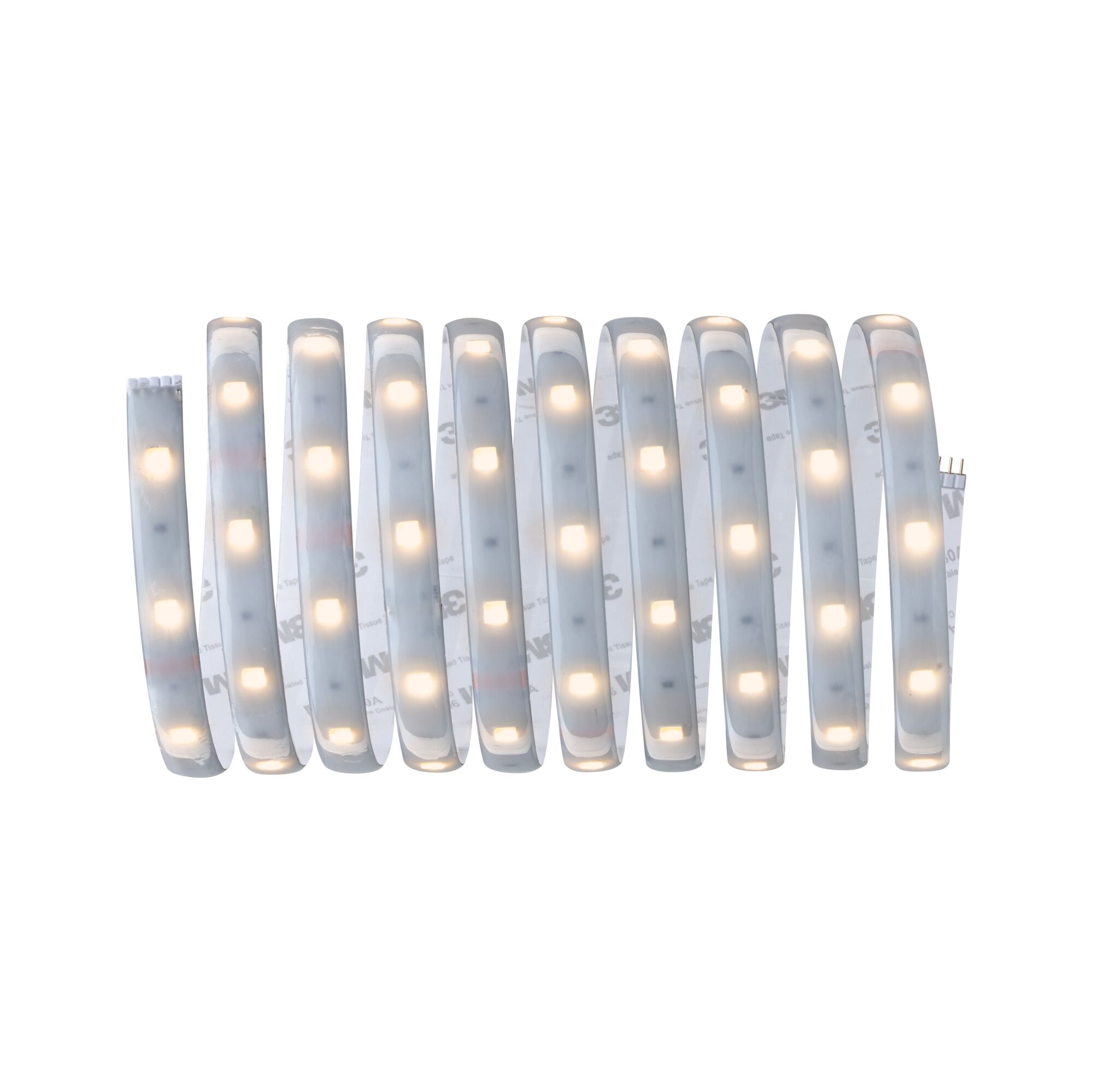 Flexible LED strip light with warm white glow and adhesive backing for versatile lighting solutions.