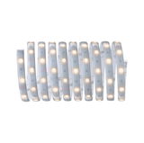 Flexible LED strip light with warm white glow and adhesive backing for versatile lighting solutions.