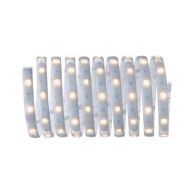 Flexible LED strip light with warm white glow and adhesive backing for versatile lighting solutions.