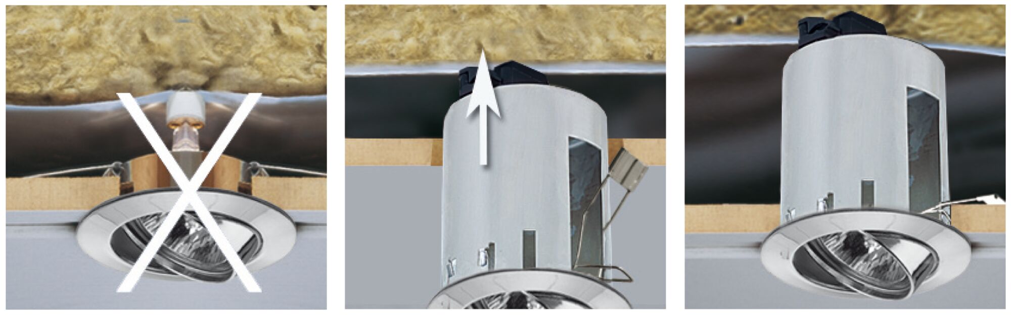 Three images of metal recessed light showing correct and incorrect installation in ceiling panel.