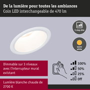 Spot LED encastré blanc 470 lm, dimmable en 3 niveaux, lumière blanc chaud 2700K