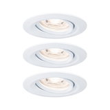 Three white recessed spotlights made of plastic with adjustable LED light for flexible illumination