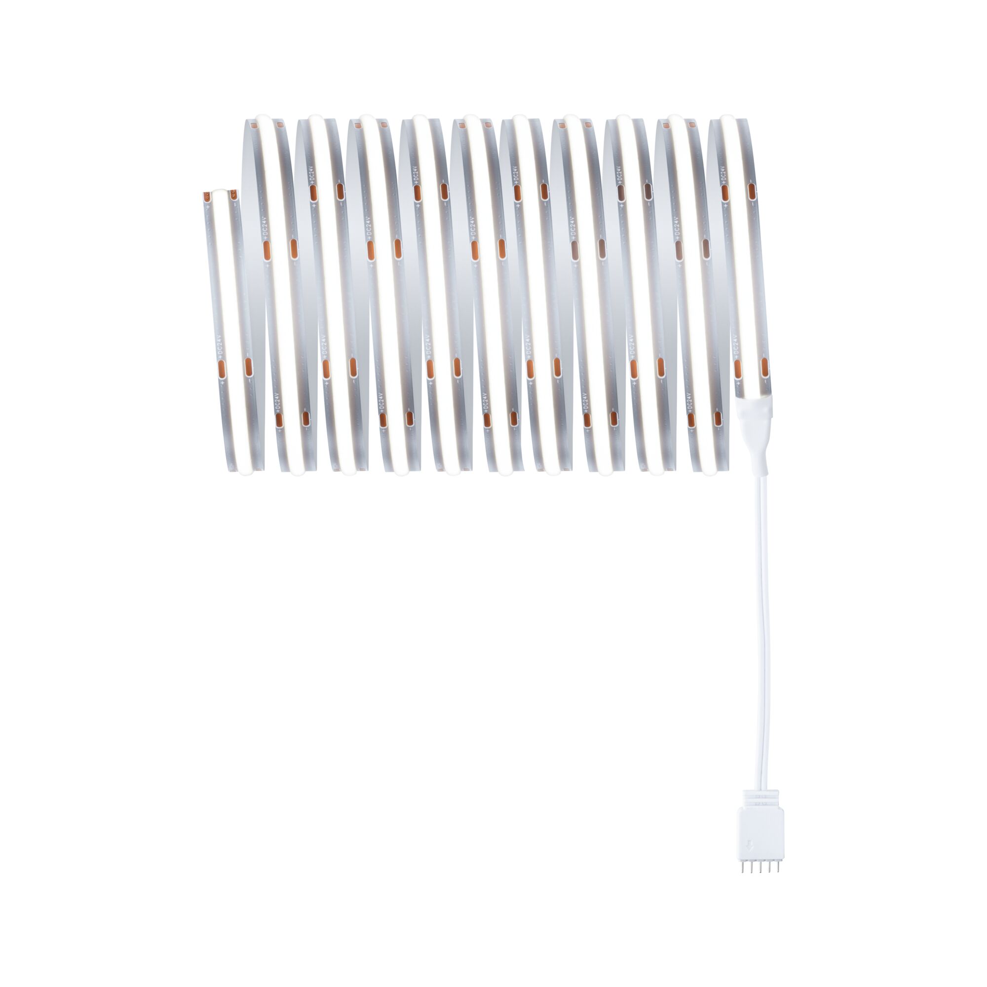 Flexible white LED strip light with connector cable for modern lighting applications.
