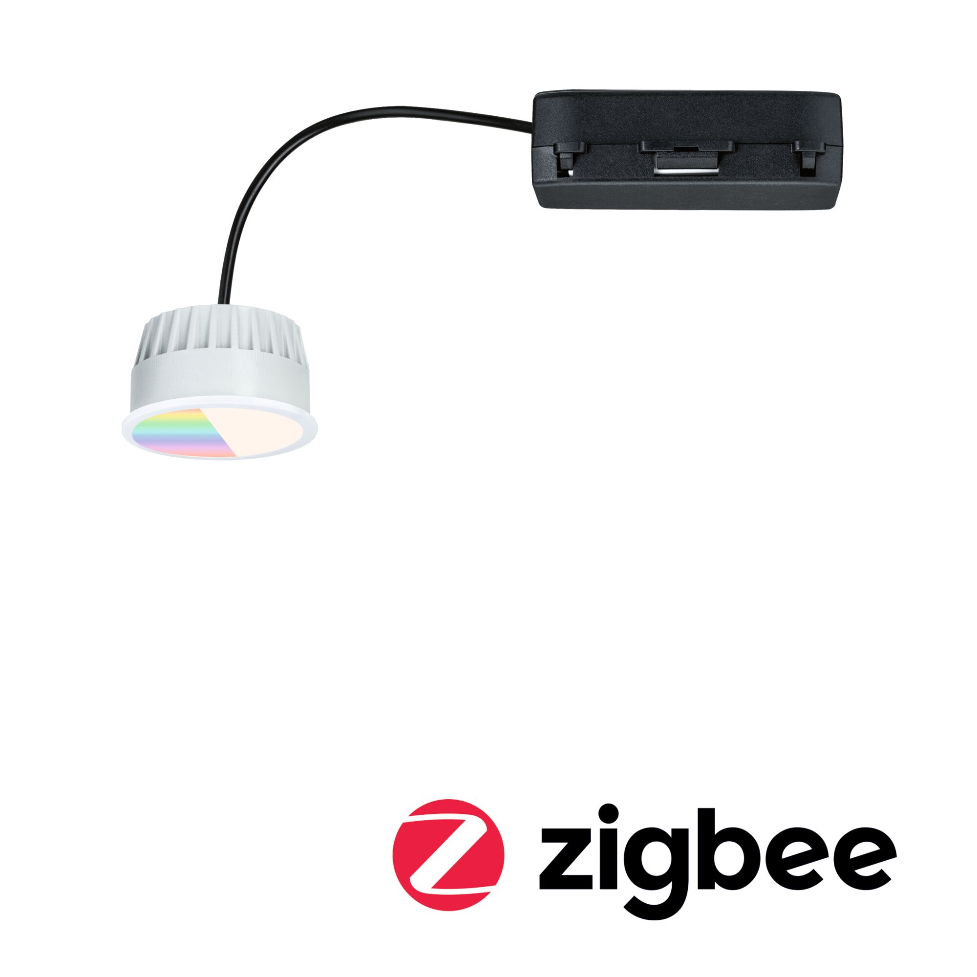 Spot encastré modulaire LED RGBW Coin 50mm Coin 6W 500lm 230V gradable 2200 - 6500K Satiné Spot encastré LED blanc avec câble et boîtier de connexion noir, compatible système domotique Zigbee