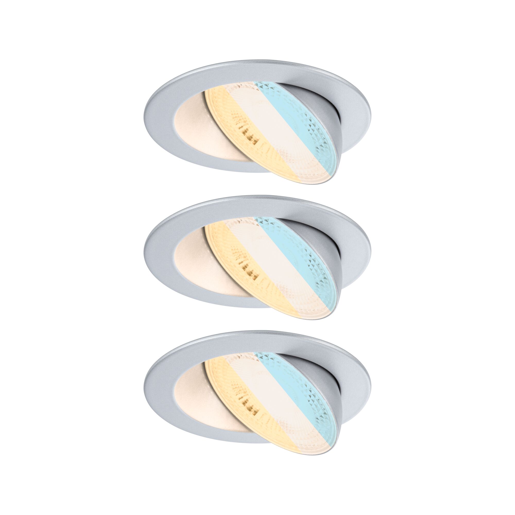 Trois spots encastrés LED argentés avec angle réglable et lumière blanc chaud pour pièces à vivre