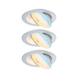 Three silver LED recessed spotlights with adjustable angle and warm white light for living spaces