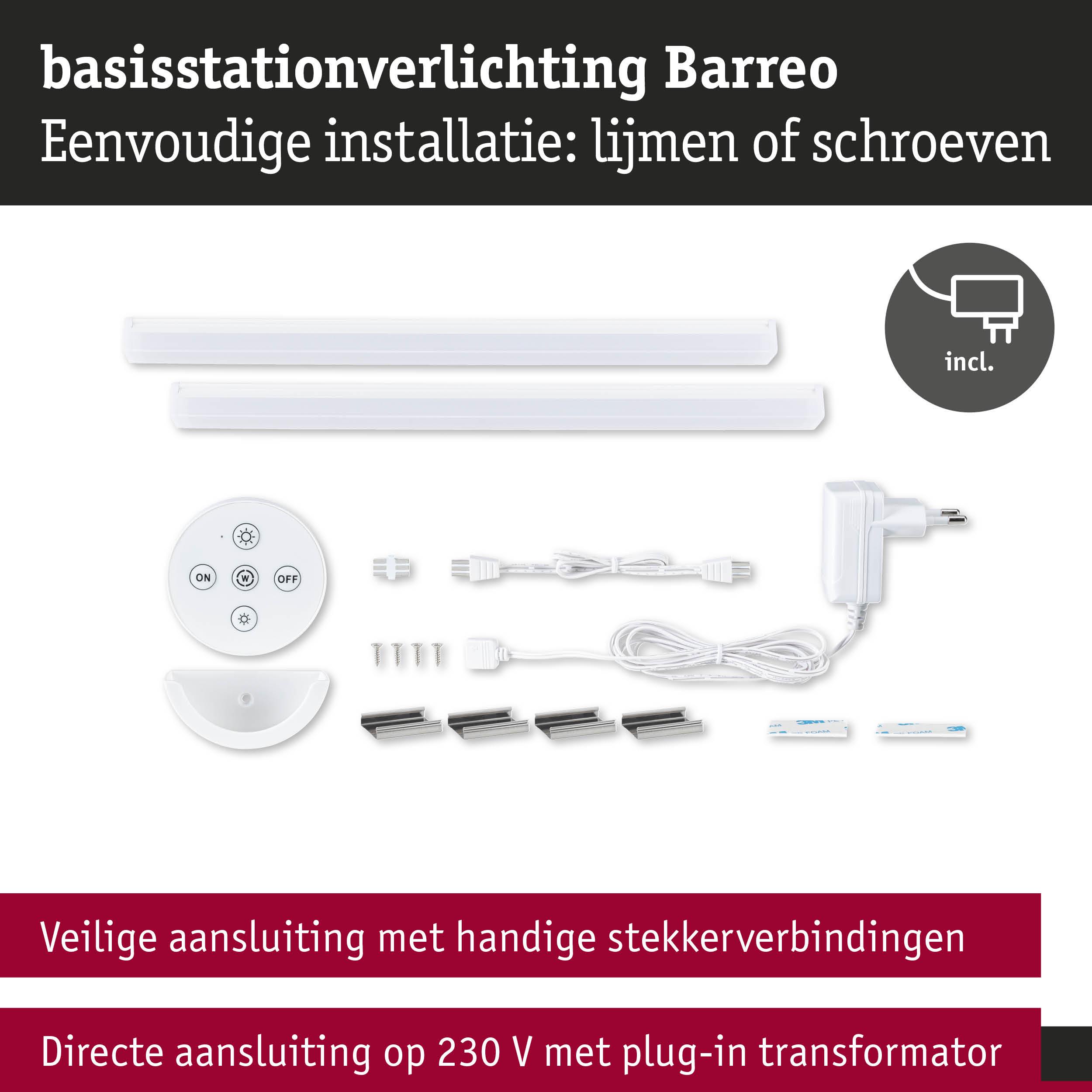 Basisstationverlichting Barreo van wit kunststof, eenvoudige installatie en 230V stekkertransformator inbegrepen