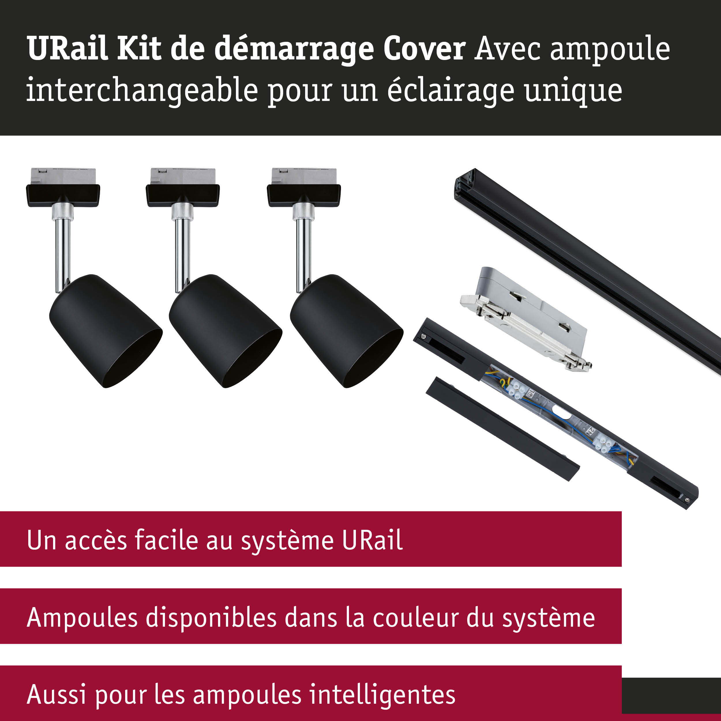 Kit de démarrage URail avec spots métalliques noirs et éclairage sur rail pour système d'éclairage flexible