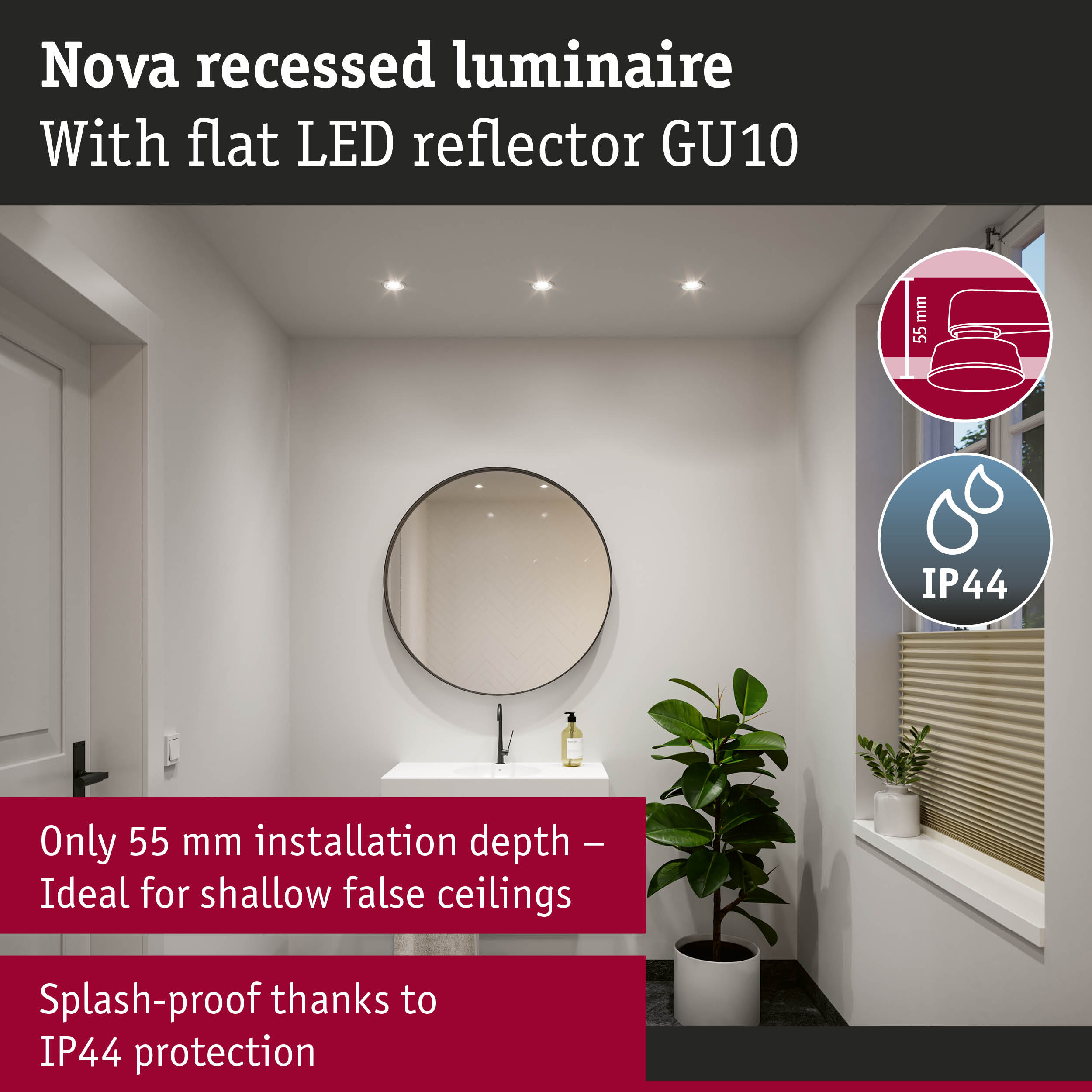 Nova recessed luminaire with flat LED reflector GU10, 55 mm installation depth, splash-proof IP44