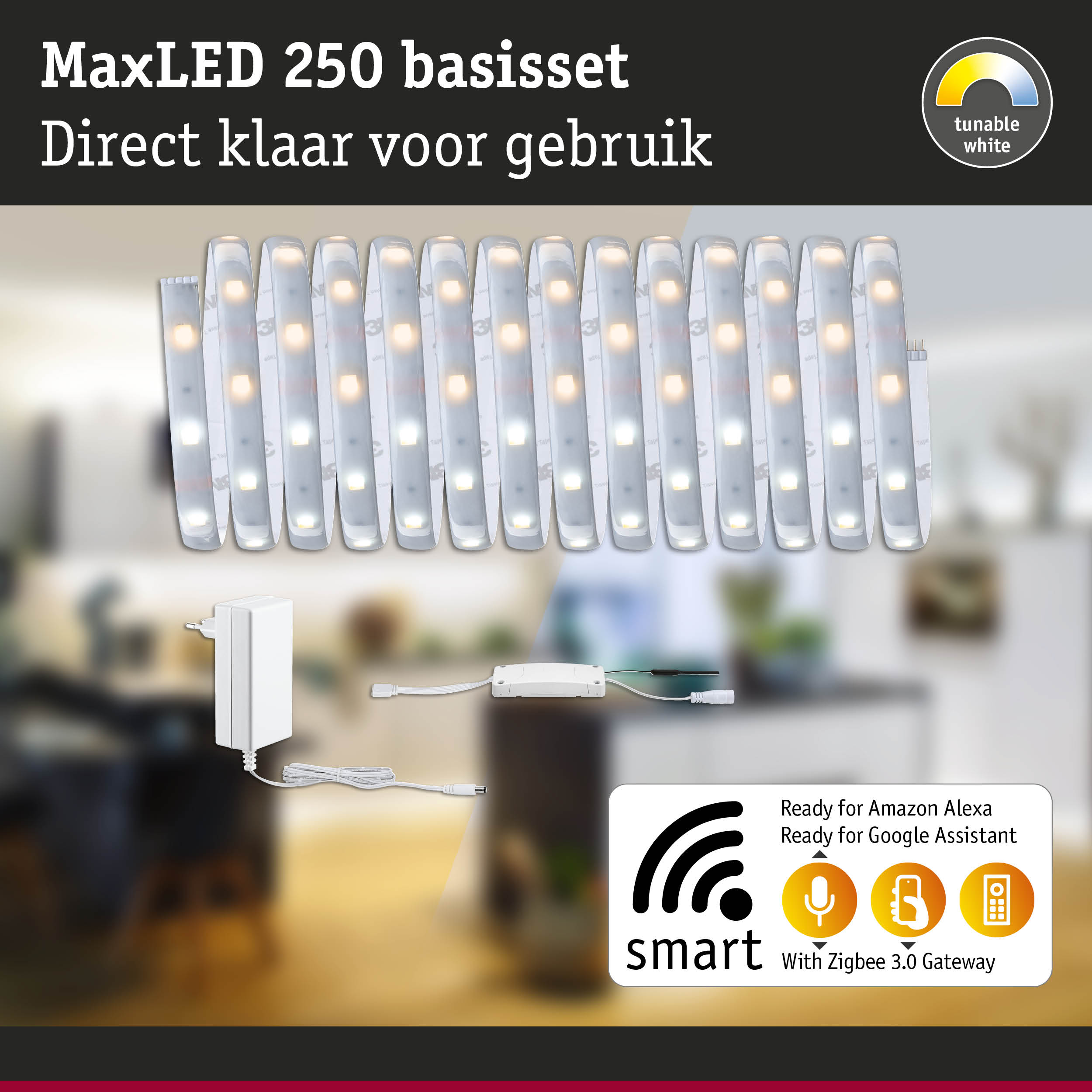 MaxLED 250 basisset met instelbaar wit licht, dimbaar, inclusief voeding en Zigbee 3.0 gateway voor smart home