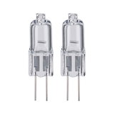 Two clear halogen bulbs with metal pins, energy-efficient lighting solution