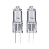 Two clear halogen bulbs with metal pins, energy-efficient lighting solution