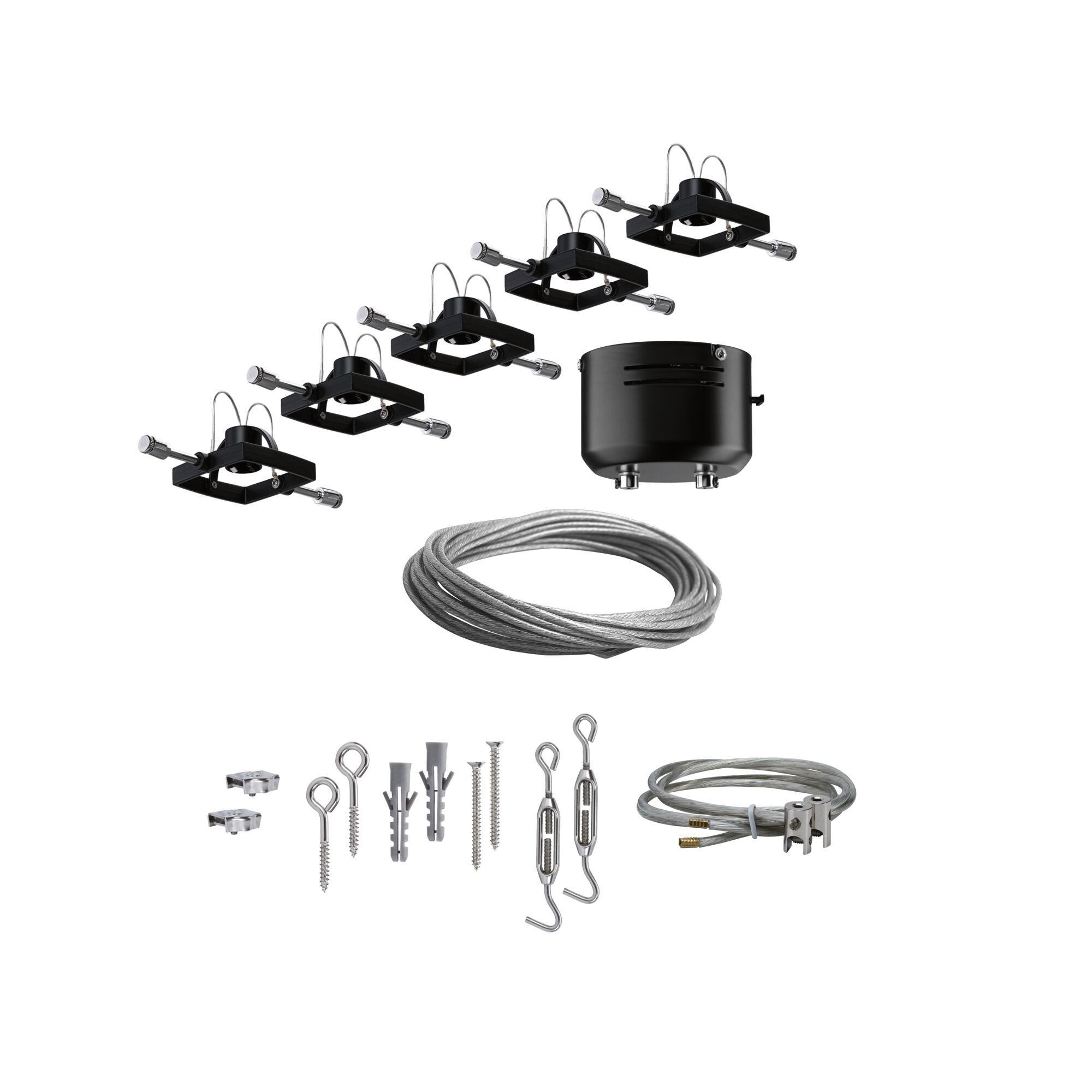 Kit de montage avec supports noirs, câbles en acier et vis pour systèmes d'éclairage LED par câble.