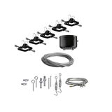 Kit de montage avec supports noirs, câbles en acier et vis pour systèmes d'éclairage LED par câble.