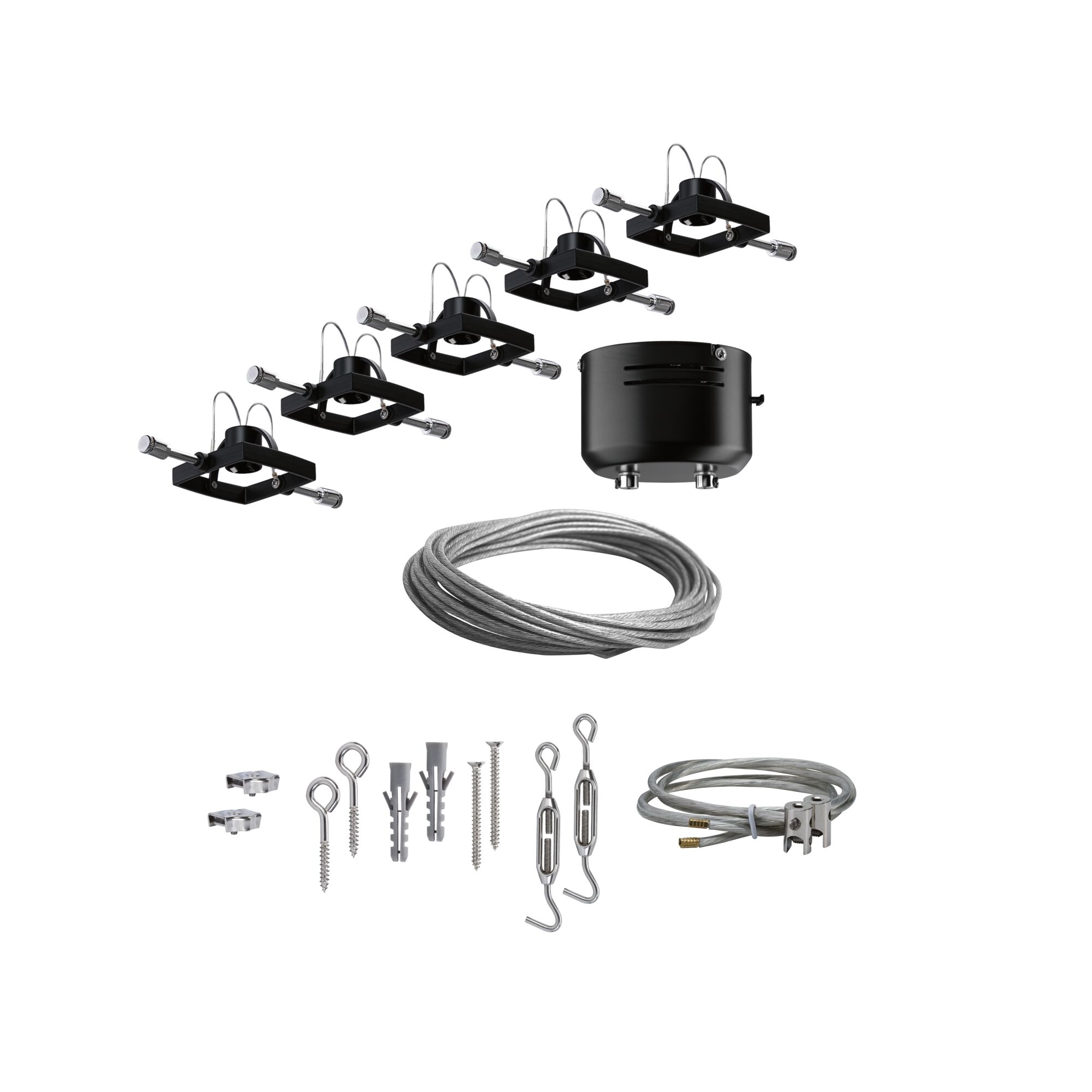 Mounting kit with black brackets, steel cables, and screws for LED cable lighting systems installation.