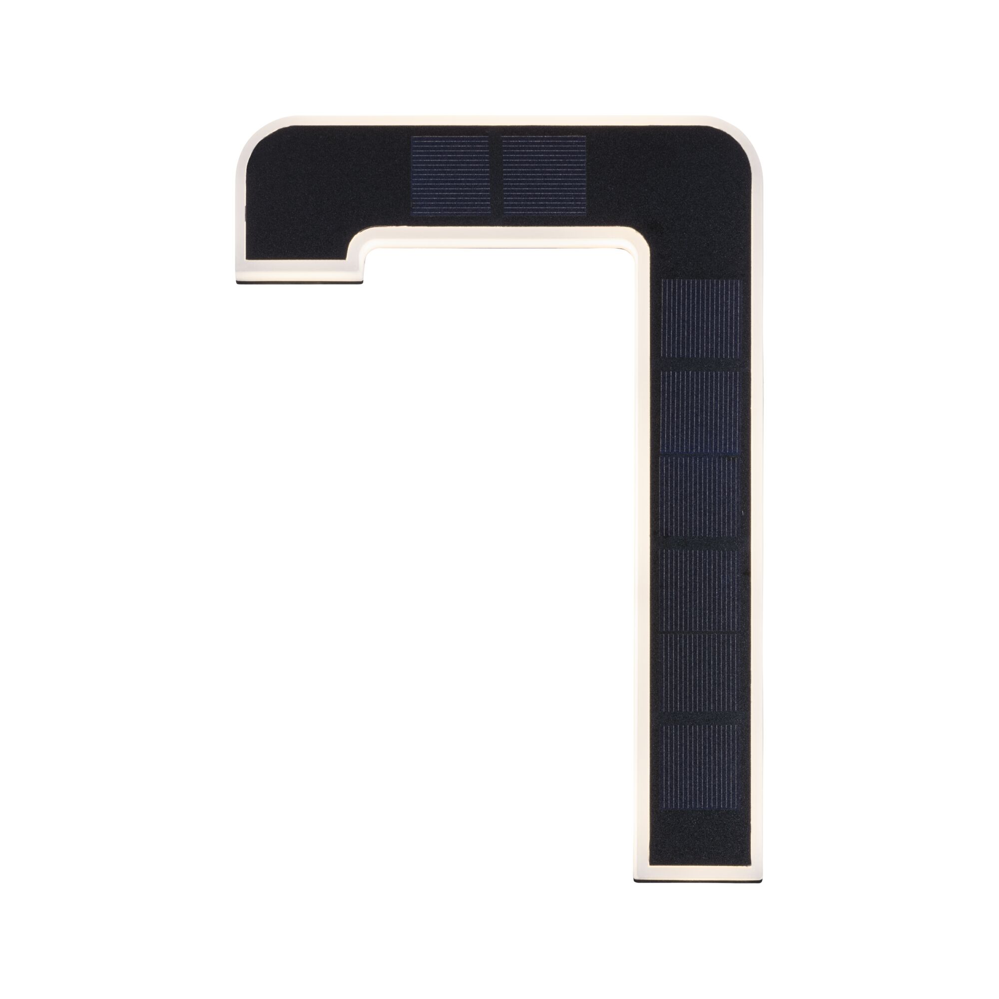 Modern L-shaped LED light with black solar panels and white frame for energy-saving lighting