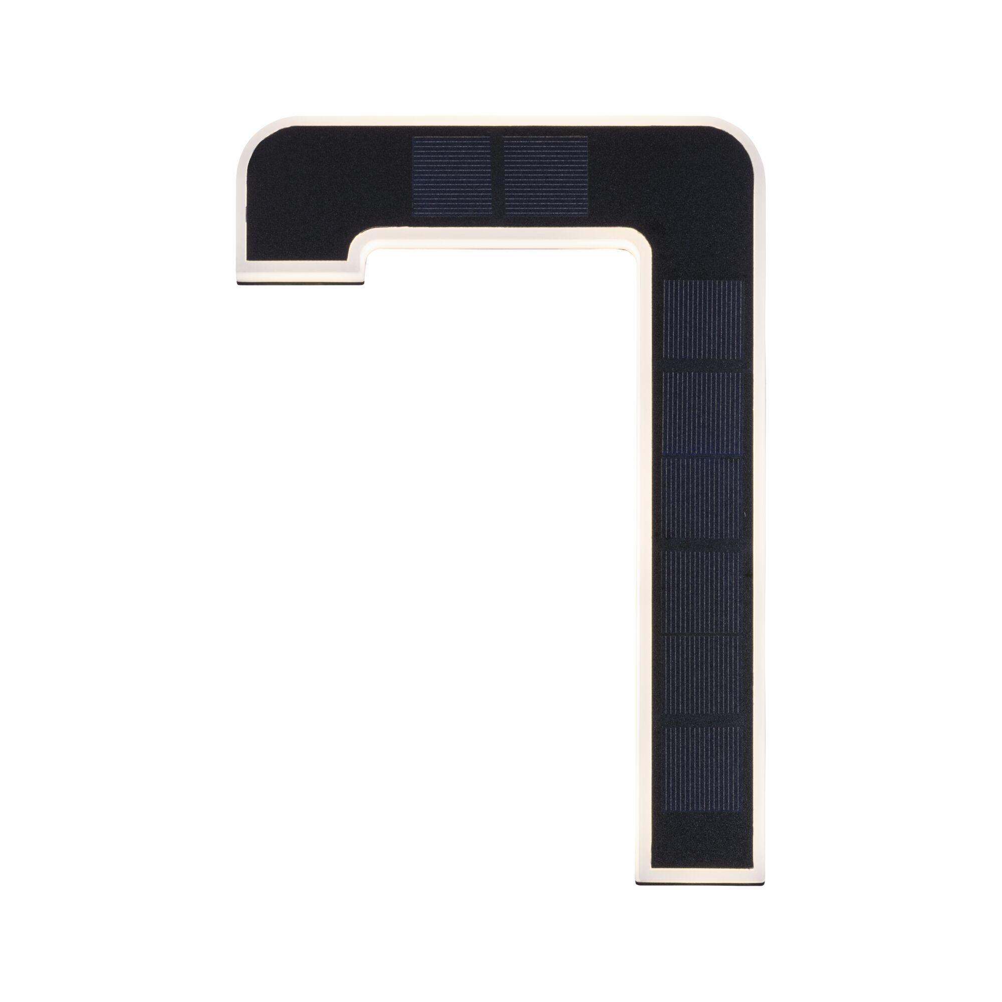 Modern L-shaped LED light with black solar panel and white frame for outdoor lighting solutions