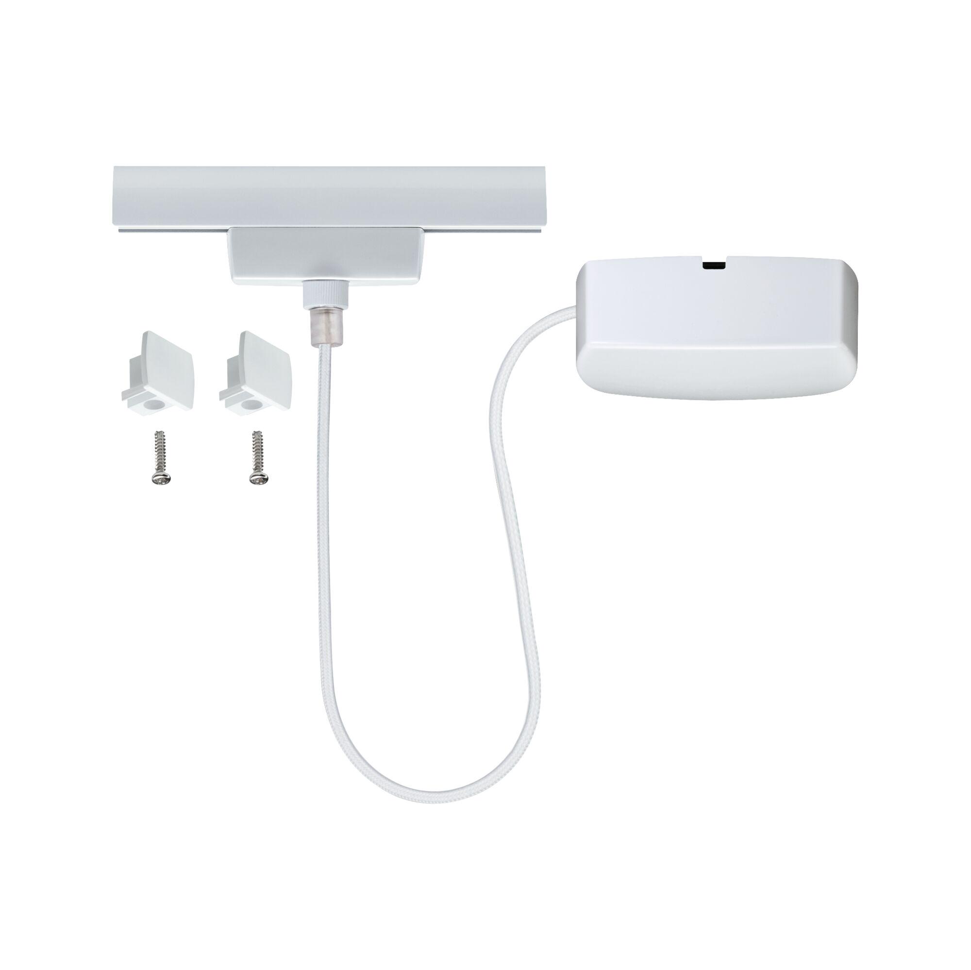 White plastic cable connector set with screws and clips for LED track lighting installation