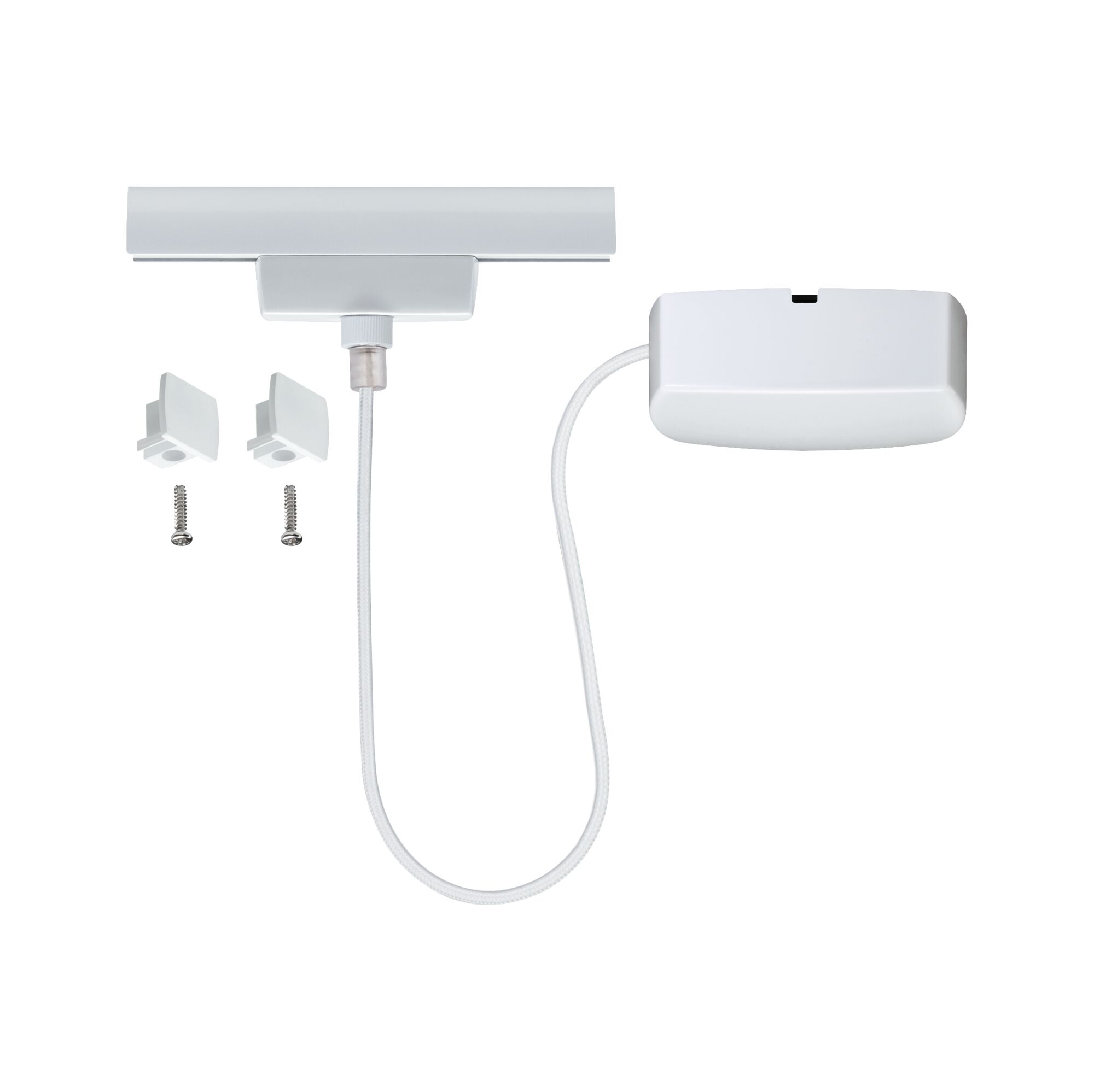 White plastic cable connector set with screws and clips for LED track lighting installation