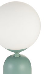 Moderne tafellamp met wit glas en matte groene metalen voet voor stijlvolle verlichting